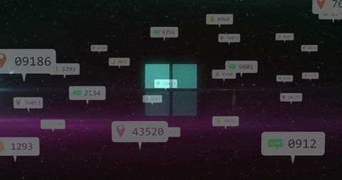 Holographic four-pane window floating in starfield with neon data tags and purple glow