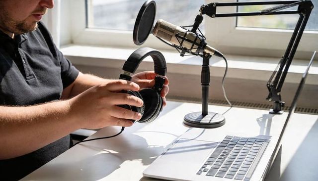 Adjusting podcasting setup with condenser microphone and headphones at sunlit laptop desk