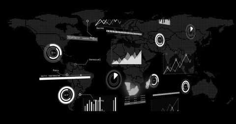 Digital Dashboard Display on Global Map with Analytics Charts