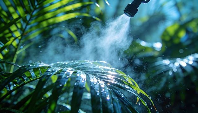 Misting tropical palm fronds under fine sprinkler spray with glowing water droplets