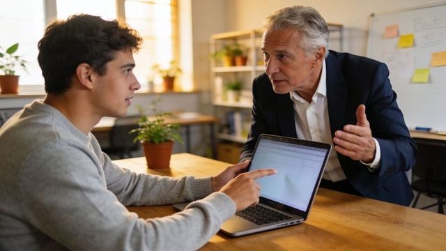 Senior mentor guiding young professional over laptop during collaborative office discussion