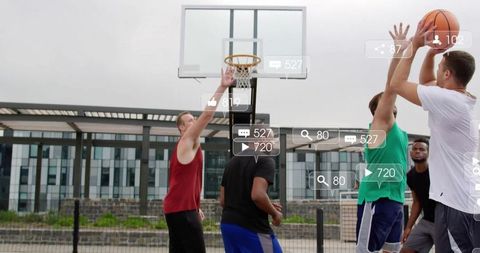 Men Playing Basketball with Social Media Engagement Icons Overlay