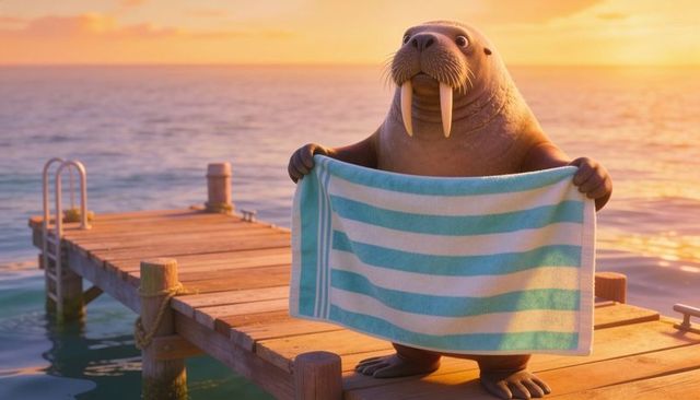 Sunset walrus character holding striped towel on wooden dock for playful summer