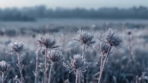 Swaying Frosted Wildflower Seedheads Shimmering in Dawn Meadow Breeze Slow Motion