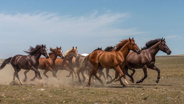 Galloping Herd of Wild Horses Charging Across Dusty Grassland Under Blue Sky