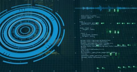 Projecting Blue HUD Rings Over Holographic Grid with Live Code Stream and Neon Green Data Nodes