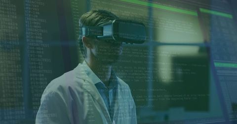 Researcher Using VR Headset with Code Overlay in Laboratory