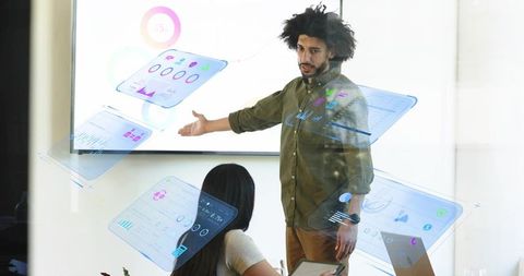 Presenting augmented dashboards with floating ui panels in modern boardroom