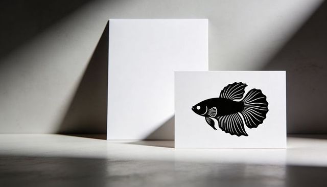 Minimalist betta fish silhouette on white card with dramatic diagonal light and shadow