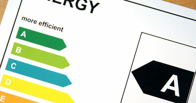 Colorful energy efficiency scale demonstrating different levels with focus on A rating label indicating high efficiency. Useful for illustrating concepts related to sustainability, environmental conservation, energy saving products, and green building standards. Ideal for educational materials, energy conservation campaigns, and eco-friendly product promotions.