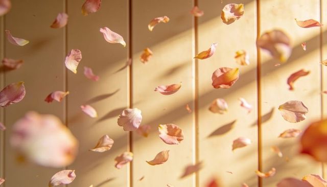 Sunlit pink rose petals drifting over pastel wood panels with soft bokeh shadows