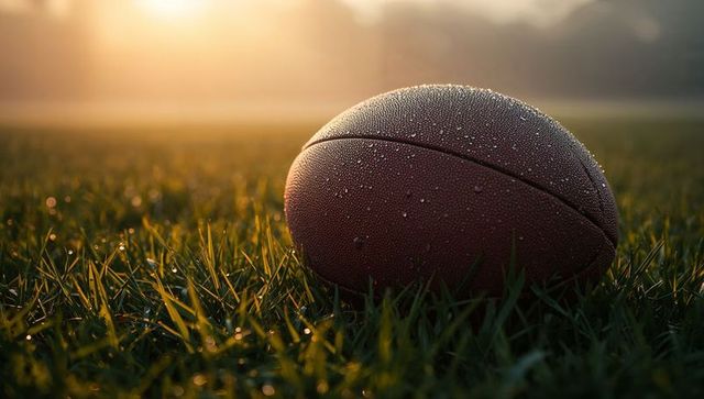 American Football on Dewy Grass at Sunrise