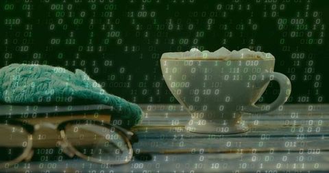 Cappuccino Cup with Binary Code Overlay for Modern Tech Atmosphere