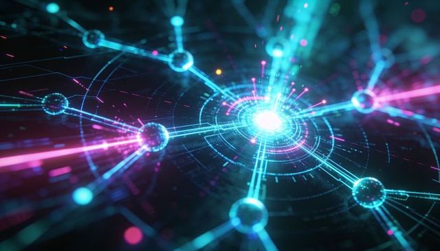 Neon network hub pulsing vertical beam connecting nodes, glowing data rings, futuristic ai