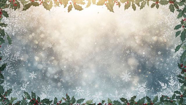 Framing Holly and Snowflake Holiday Border with Frosted Bokeh Lights for Greeting Cards