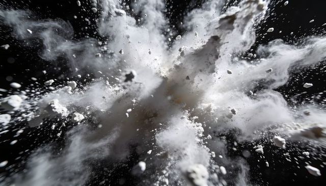 Exploding white powder plume bursting into dynamic dust cloud with flying particles