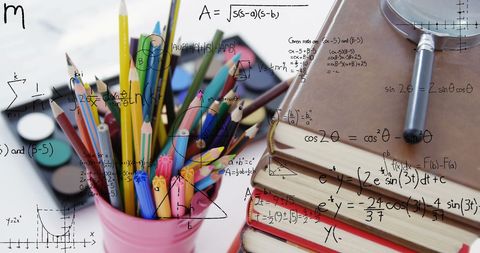 Creative Math Concepts Overlay on School Supplies for Education Theme