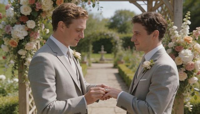 Grooms exchanging rings under floral arbor in sunlit garden ceremony