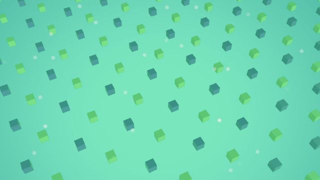 This video features a seamless pattern of falling snowflakes over 3D cubes on a green background. Perfect for use in digital animations, holiday tech-themed backgrounds, website graphics, or presentations.