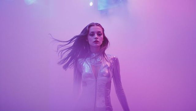Model Embracing Futuristic Chic in Silver Jumpsuit with Inviting Pink Haze