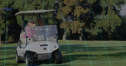 Mature Couple Driving Golf Cart on Sunlit Fairway with Augmented Reality Grid Overlay