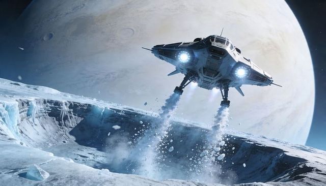 Futuristic spacecraft descending over frozen crater on icy moon with gas giant backdrop