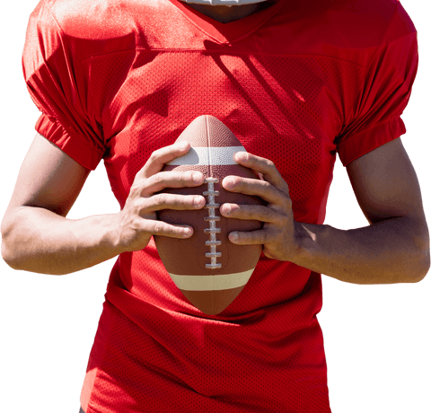 Caucasian male football player holding football on transparent background
