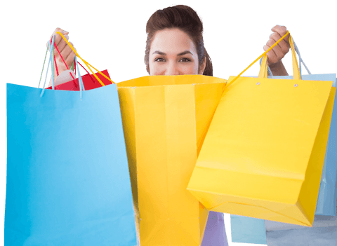 Transparent shopping bags with happy woman enjoying purchases