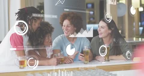 Friends Enjoying Drinks with Digital Data Overlay