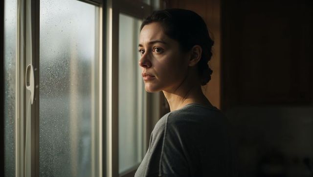 Woman gazing through rain-speckled kitchen window in contemplative soft light