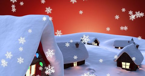 Winter Village in Snow With Orange Dreamy Sky During Christmas