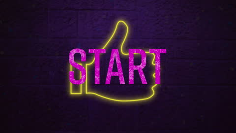 Neon Start Icon with Thumbs Up on Brick Background