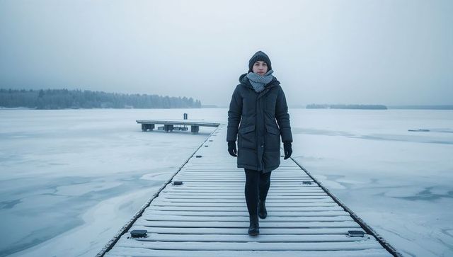 Walking woman on snowy pier over frozen lake, solitude and winter calm