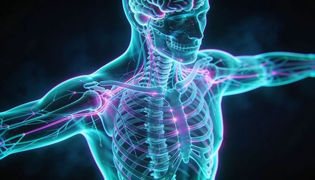 Neon translucent human skeleton with glowing neural network and brain visualization 3d render
