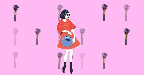 Digital illustration showcasing a stylish woman in sunglasses and a fashionable outfit, set against a vibrant pink background adorned with repeating brush icons. This artistic composition blends fashion and creativity, making it ideal for branding, web design, or marketing aimed at contemporary audiences with a love for fashion and modern art.