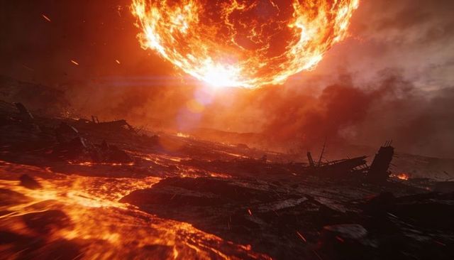 Massive fiery star dominating scorched planetary wasteland with lava flows and wreckage