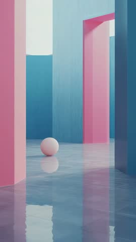Vertical video: White sphere rolling through pastel minimalist spaces with glossy reflections