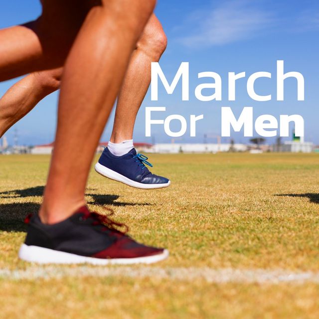 Low angle view of men running in a charity event, focusing on their legs and athletic shoes. The image highlights a charity initiative, promoting health and fitness while showing male participants participating actively. Ideal for promotional materials for charity events, fitness campaigns, and community health initiatives.