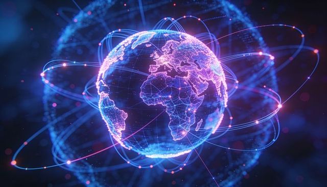 Holographic neon globe showing africa and europe with digital network and data streams