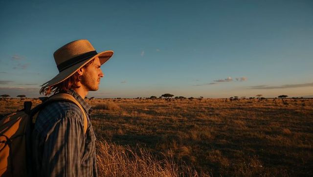 Traveler standing and gazing across savanna at golden hour wearing straw hat and backpack