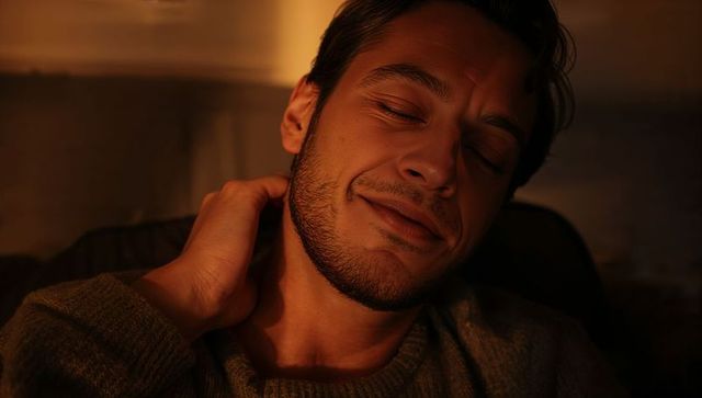 Young man reclining on sofa relaxing under warm lamp light intimate moody evening portrait