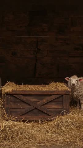 Two sheep nudging hay-filled wooden crate while entering weathered barn, rustic vertical farm video