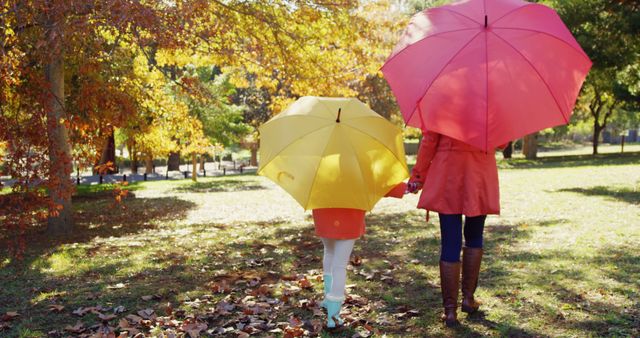 Two individuals, female based on clothing style, are holding colorful umbrellas on a sunny autumn day, with copy space. Their stroll through a park with fallen leaves adds a vibrant and seasonal touch to the image.