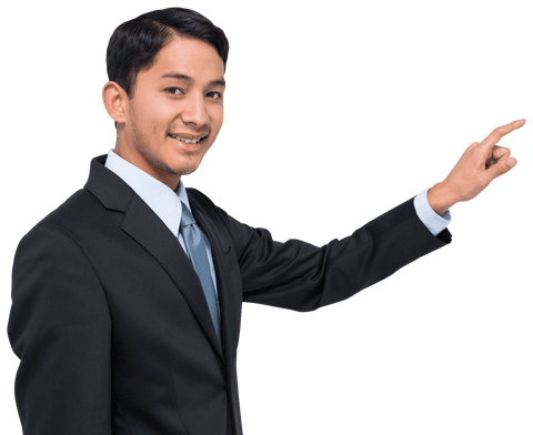 Smiling Asian Businessman Pointing with Confidence Transparent Background - Download Free Stock Videos Pikwizard.com
