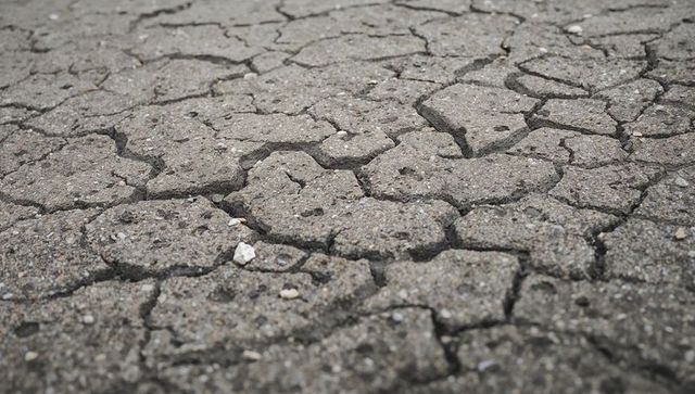 Cracked weathered asphalt forming polygonal fissures with loose pebbles and dry grit