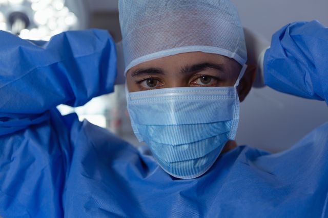 Front view of male surgeon looking at camera while wearing surgical mask in operation room at hospital