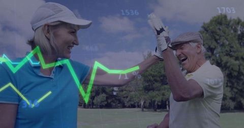 High-fiving seniors on golf course with sporty graphic overlay