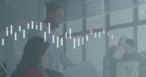 Office Collaboration with Financial Data Overlays in Modern Workspace