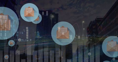 Email Icons and Data Charts Overlay on Cityscape