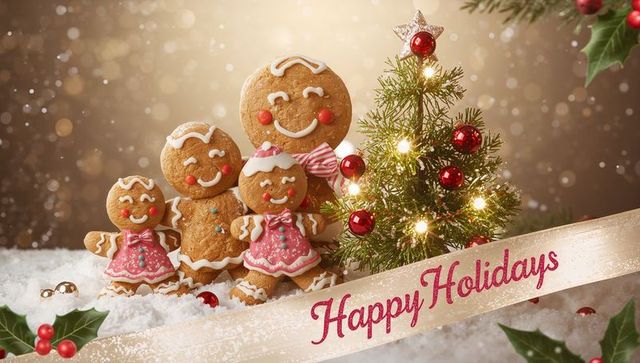Gingerbread Family Gathering Near Miniature Christmas Tree on Snow with Happy Holidays Banner
